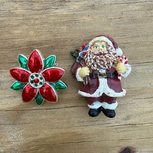 Festive Santa and Poinsettia Brooch Set
